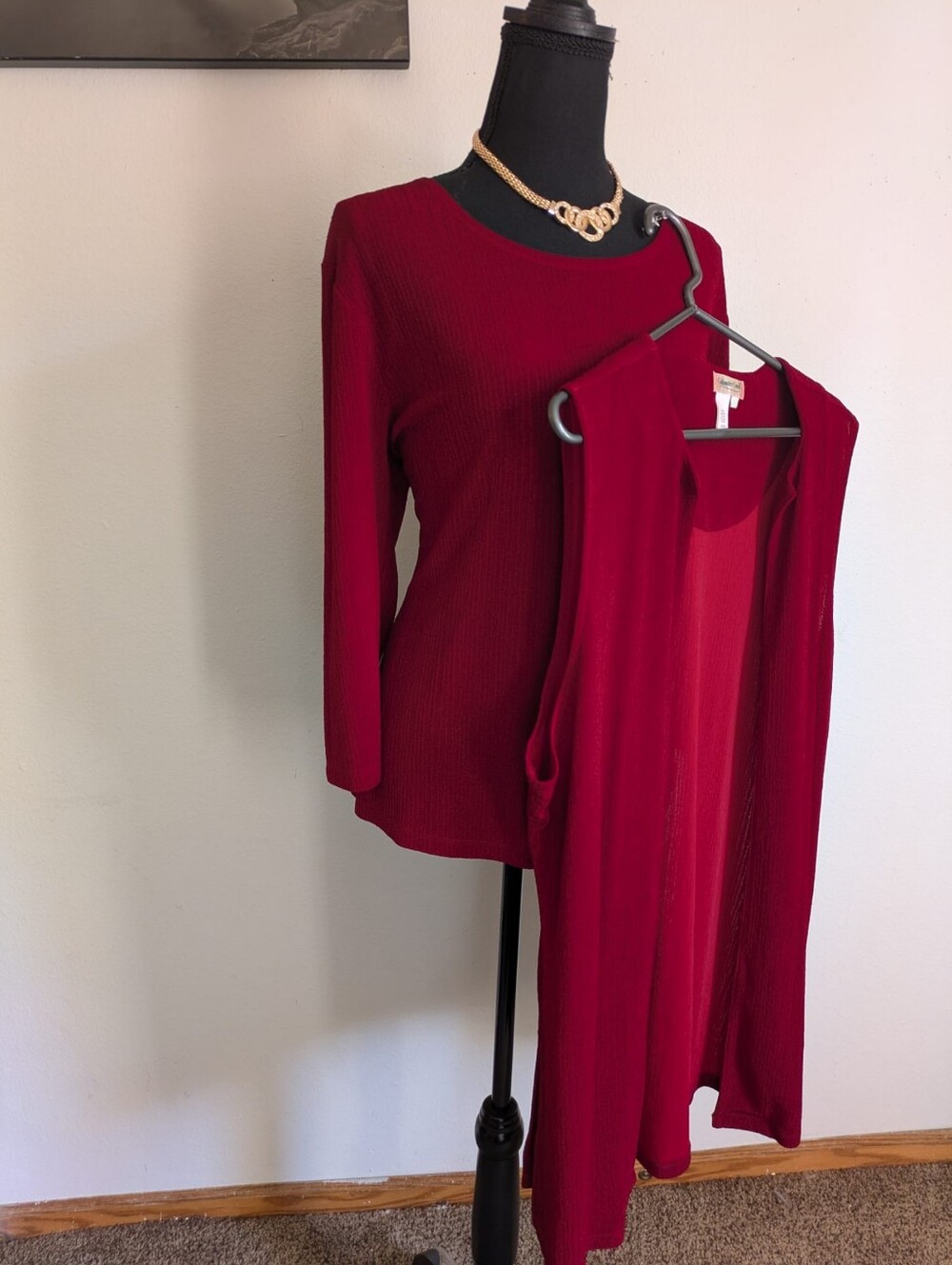 Coldwater Creek Ribbed Maroon Twinset Cardigan & Matching Top Size Large